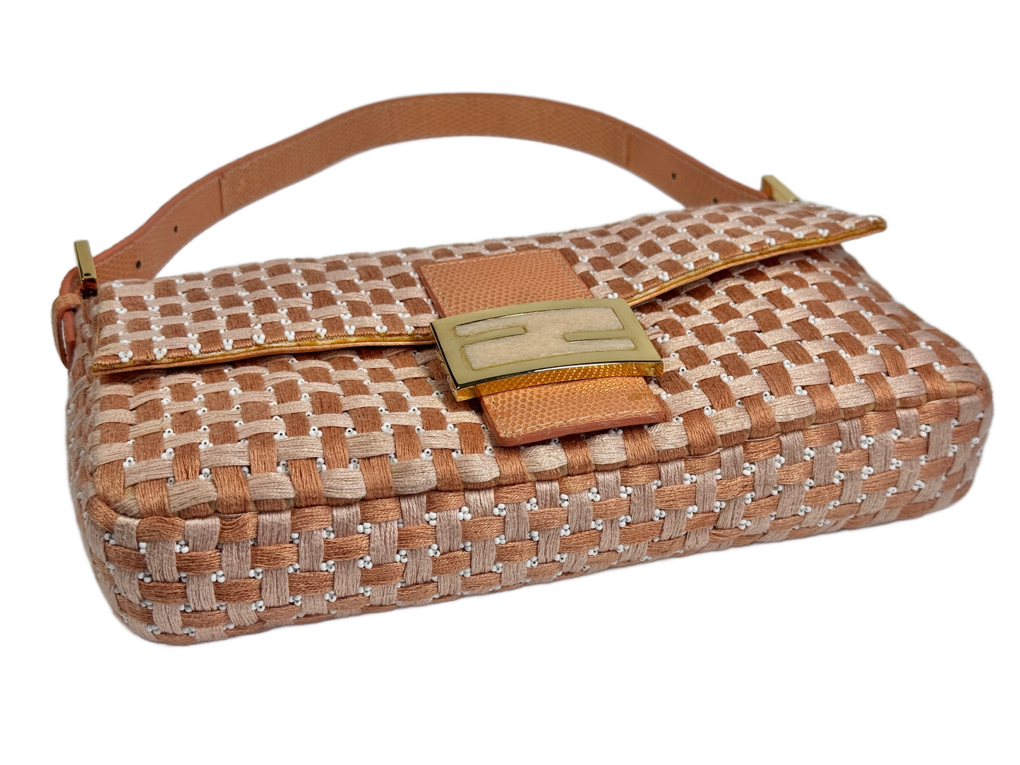 Fendi Vintage Peach Orange Woven Beaded Baguette Shoulder Bag w Quartz Logo & Crocodile Trim