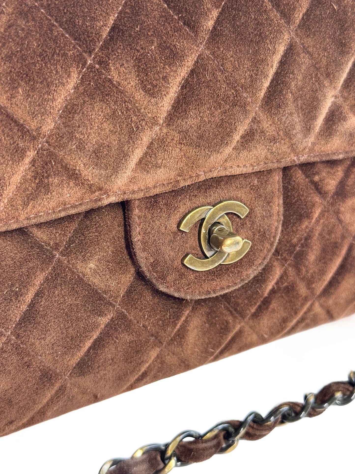 Chanel Vintage 90s Quilted Brown Suede Jumbo Flap Crossbody Bag