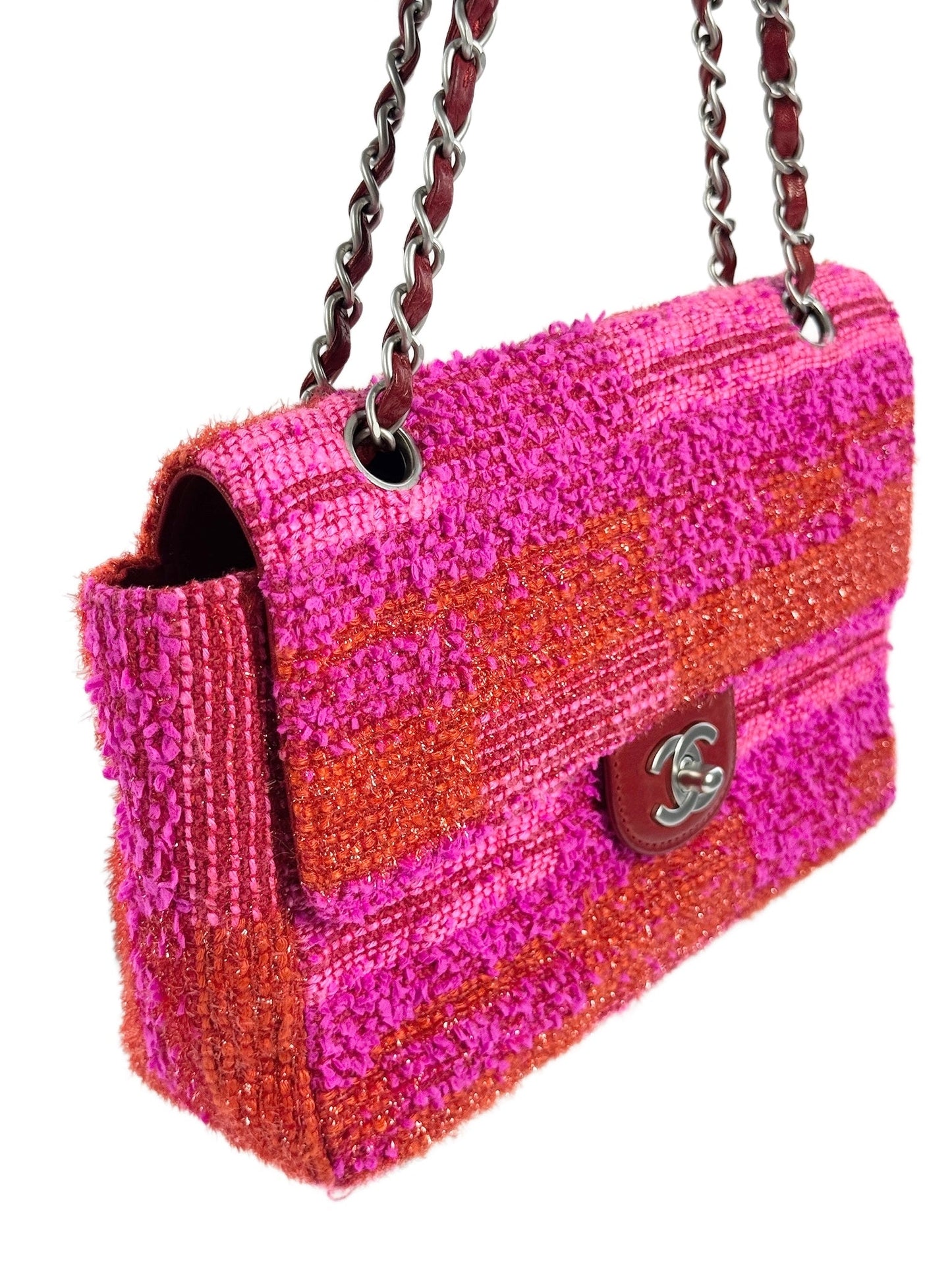 Chanel Vintage 00s Metallic Red & Pink Tweed Medium Classic Single Flap Bag w Matte Silver Hardware