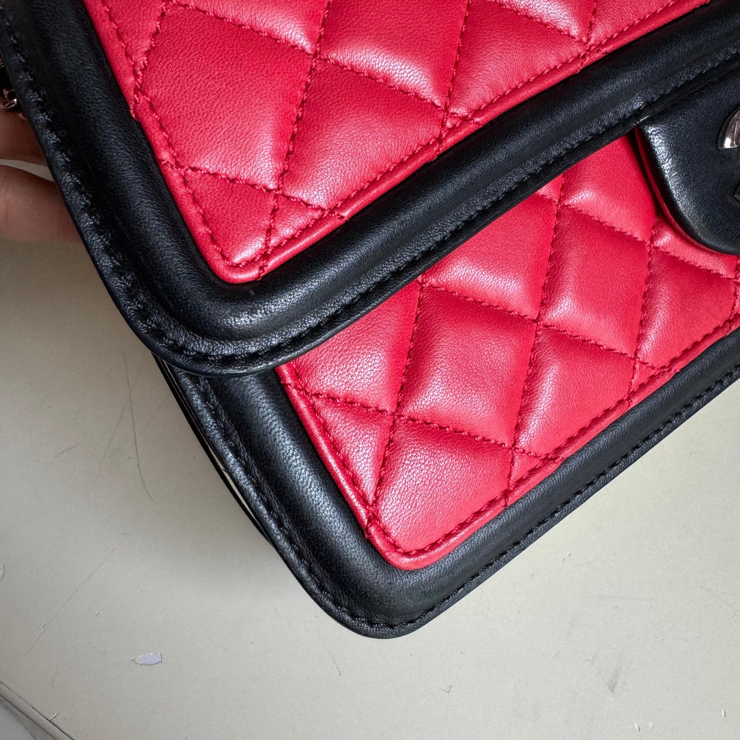 Chanel Baguette Flap Shoulder Bag Lambskin Red and Black Silver Double Chain