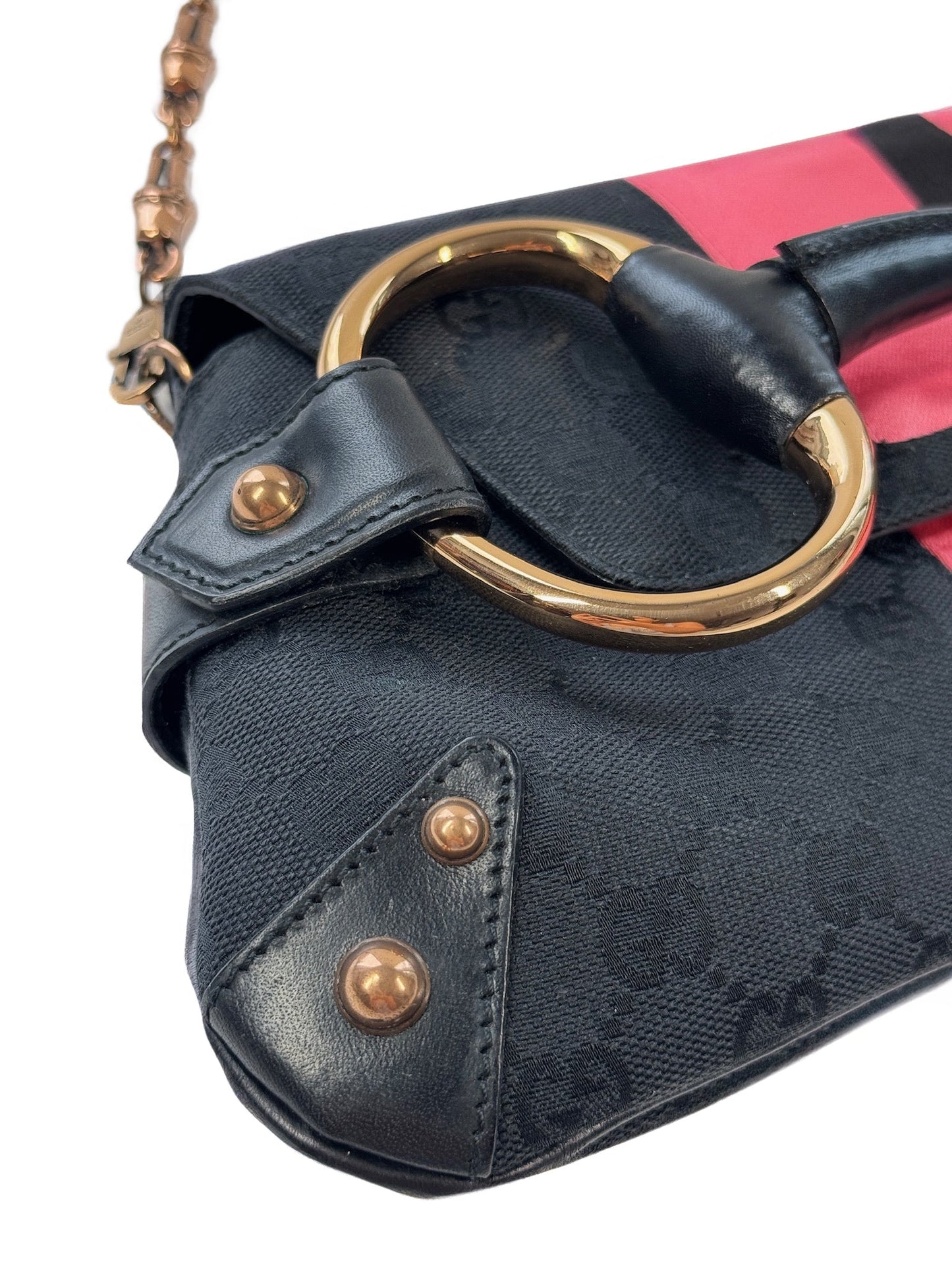 Gucci Vintage Black GG Monogram Gold Horsebit Pink Satin Striped Bamboo Chain Shoulder Clutch Bag