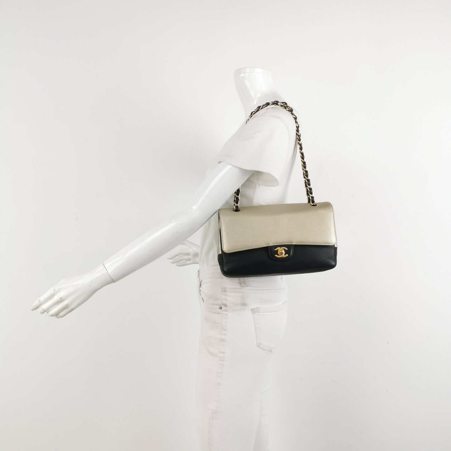 Chanel Classic Flap Gold and Black Calfskin Leather Gold-tone Hardware Shoulder Bag