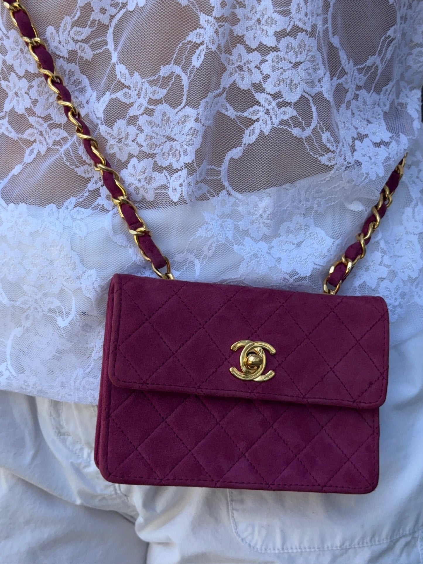 Chanel Vintage 80s/90s Quilted Fuchsia Suede Micro Mini Flap Crossbody Bag w 24K Gold Plated Hardware