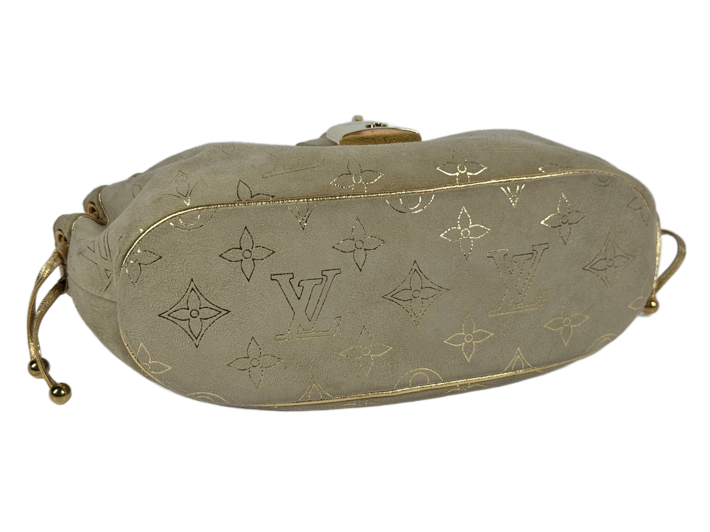 Louis Vuitton Vintage 2004 Beige Suede Gold Monogram Theda Mini Logo Lock Bag