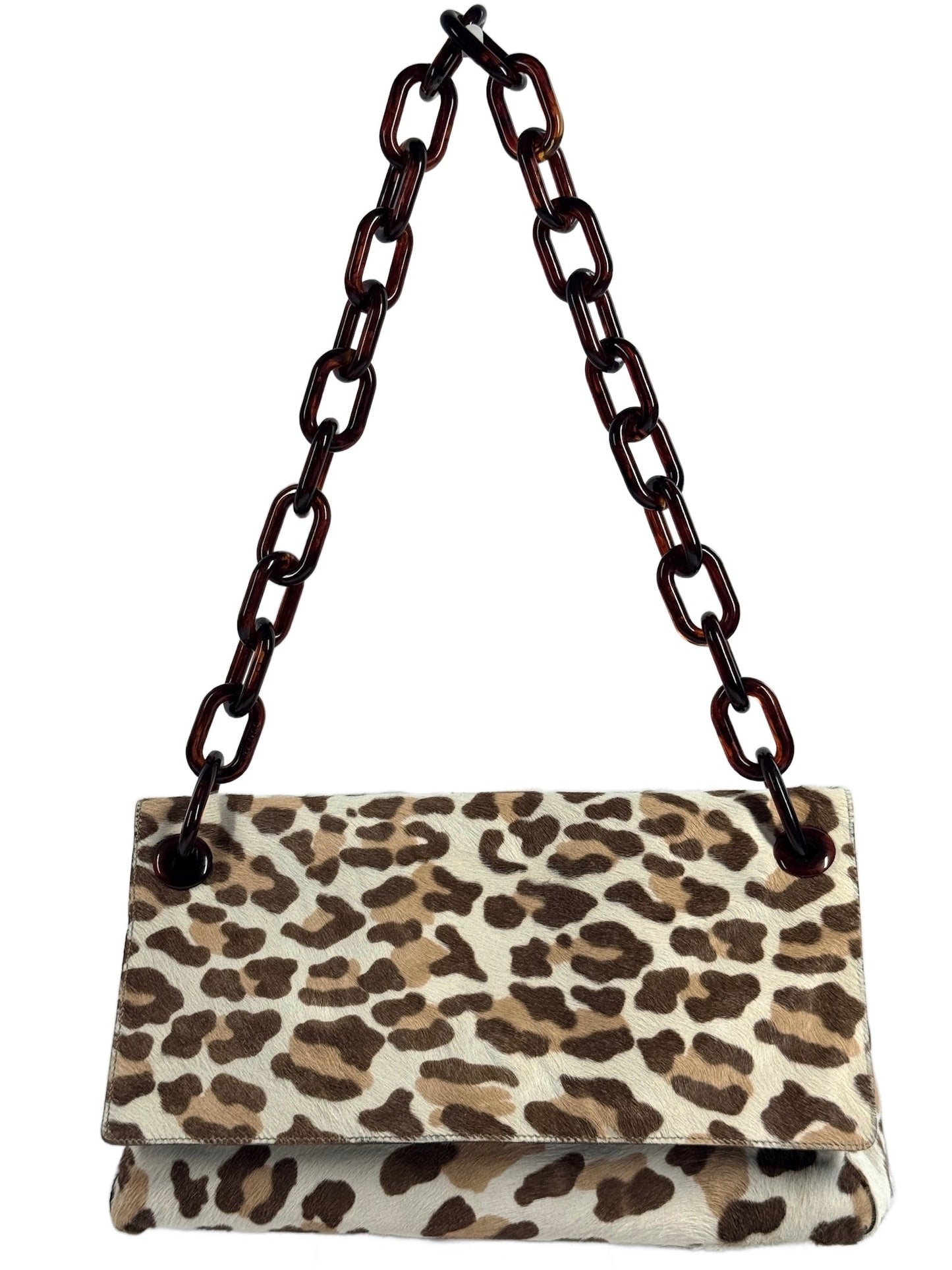 Prada Vintage White & Brown Pony Hair Leopard Resin Tortoise Chain Link Handle Shoulder Bag