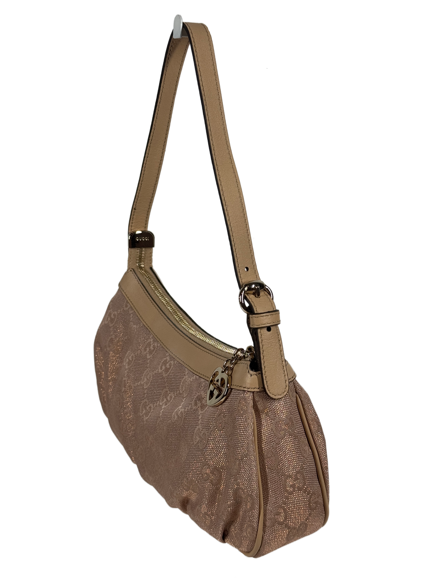 Gucci Vintage Metallic Pink GG Monogram Canvas w Ivory Leather Trim Lovely Heart Logo Mini Shoulder Pochette Bag