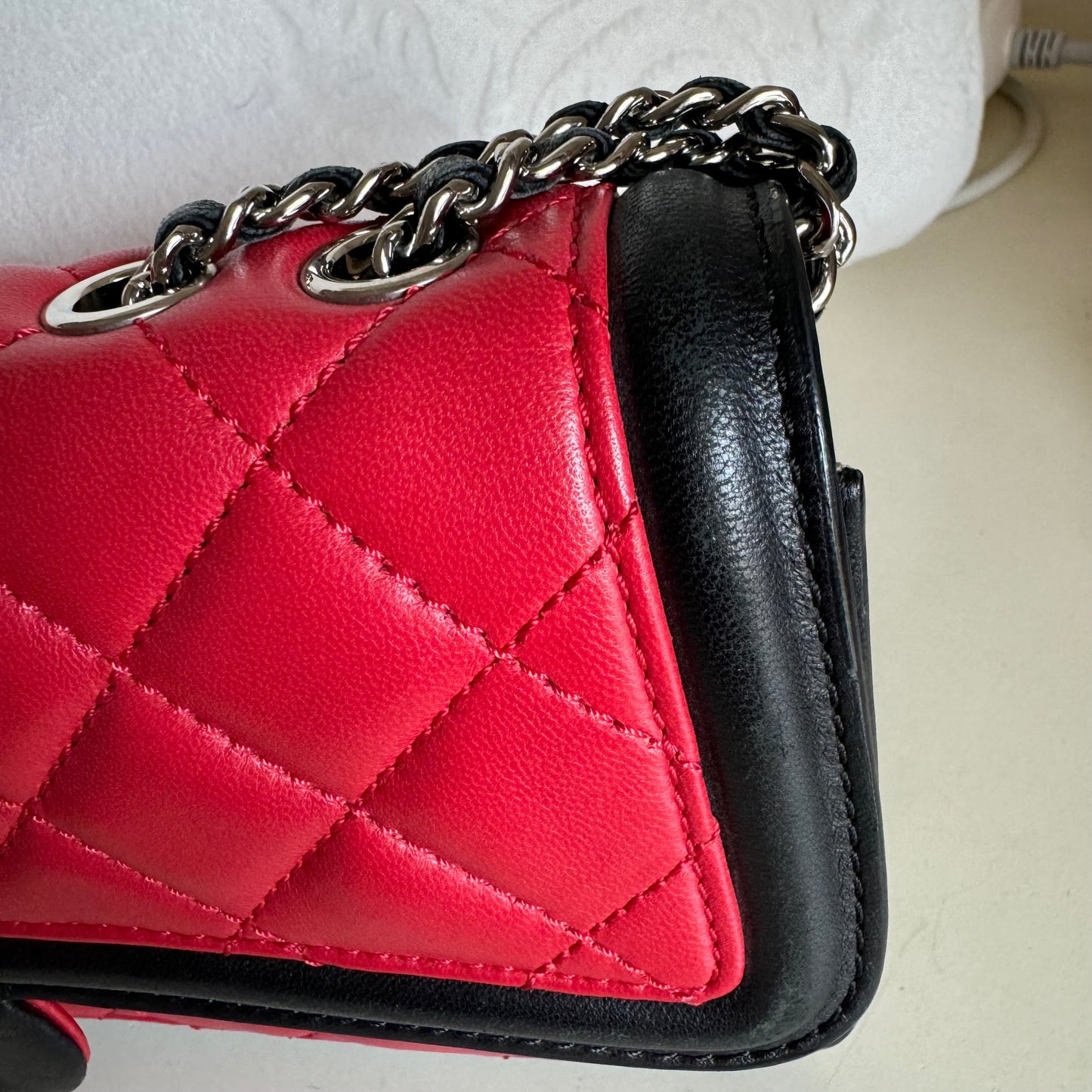 Chanel Baguette Flap Shoulder Bag Lambskin Red and Black Silver Double Chain