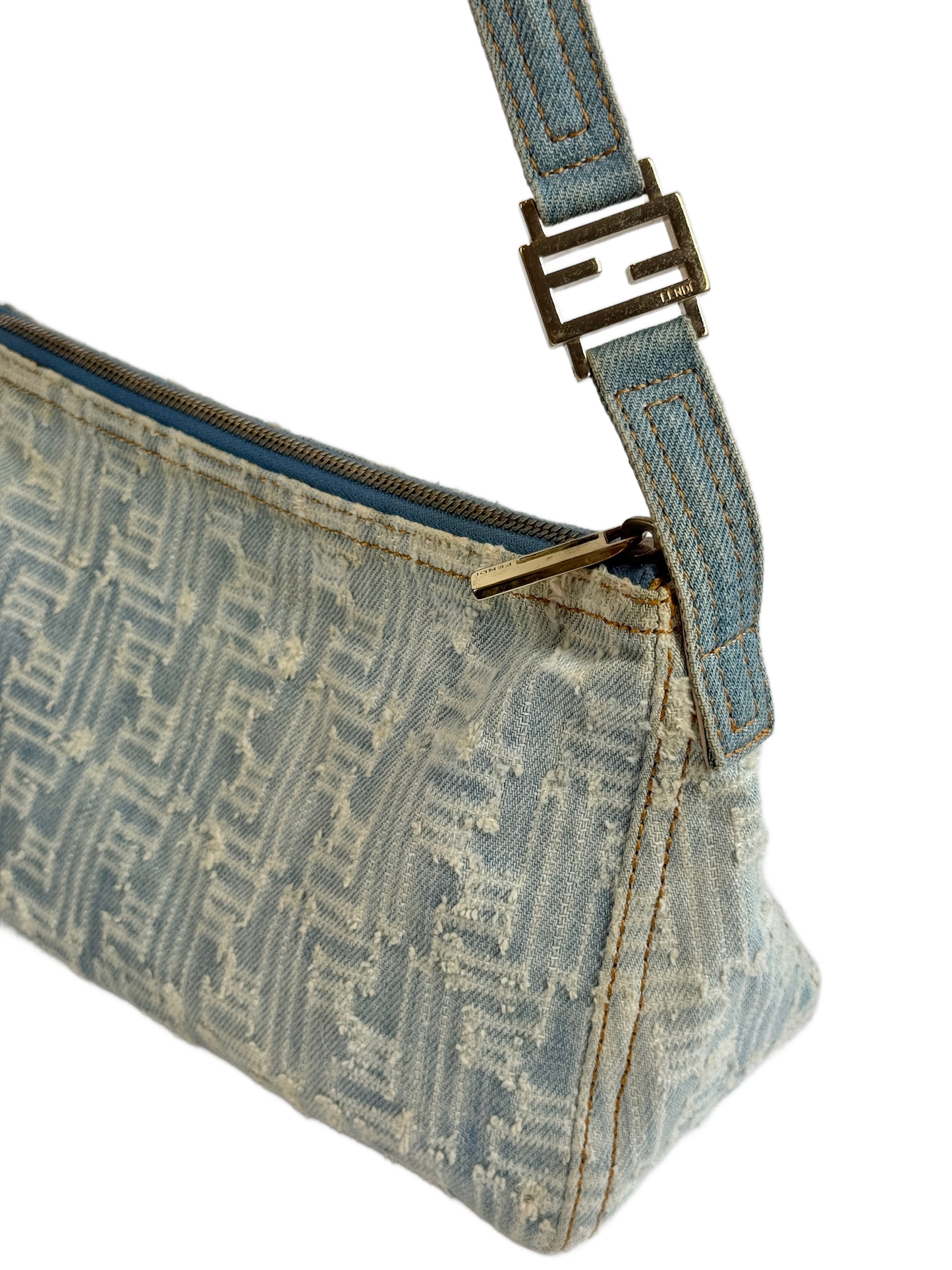 Fendi Vintage Light Blue Zucca Monogram Denim Small Shoulder Pochette Bag