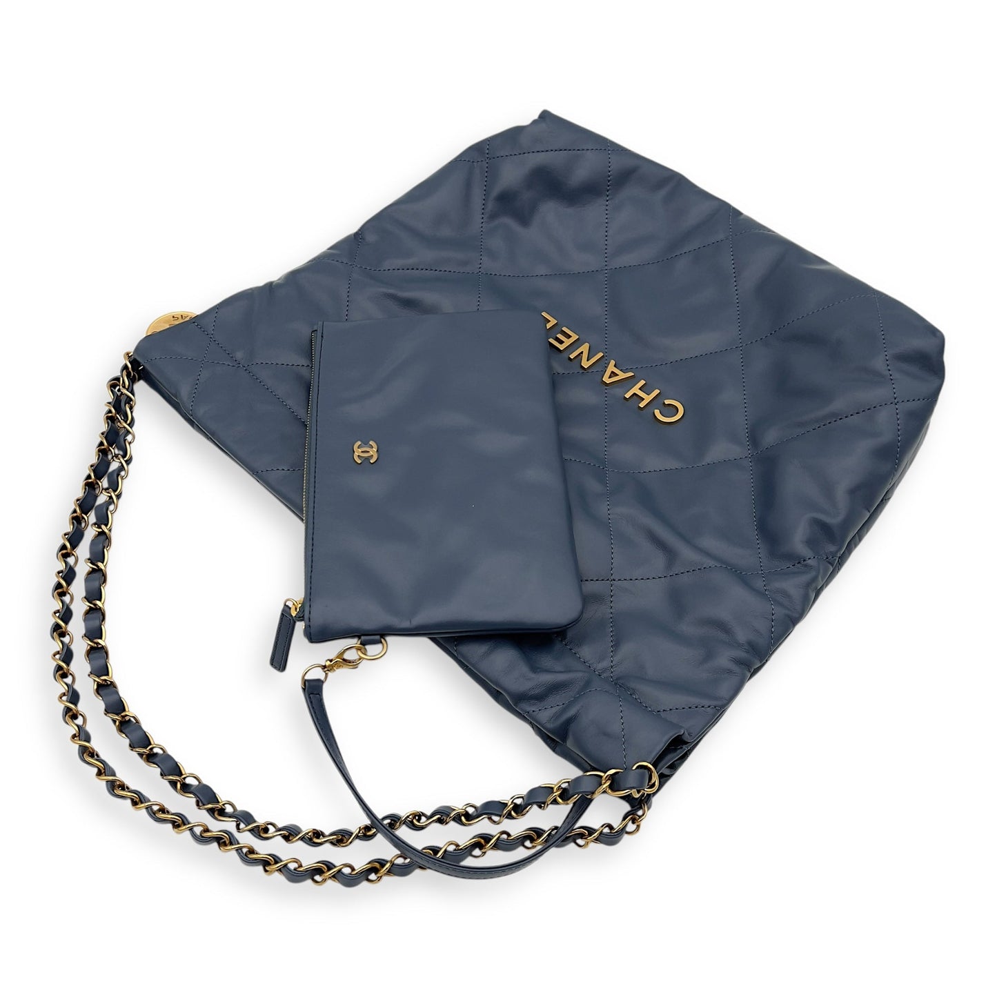 22 Small Blue Shoulder Bag in Lambskin, Gold hardware