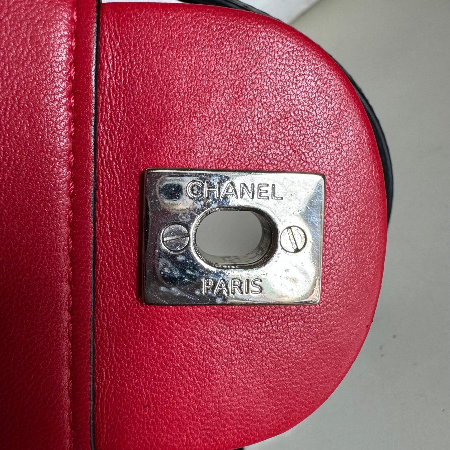 Chanel Baguette Flap Shoulder Bag Lambskin Red and Black Silver Double Chain