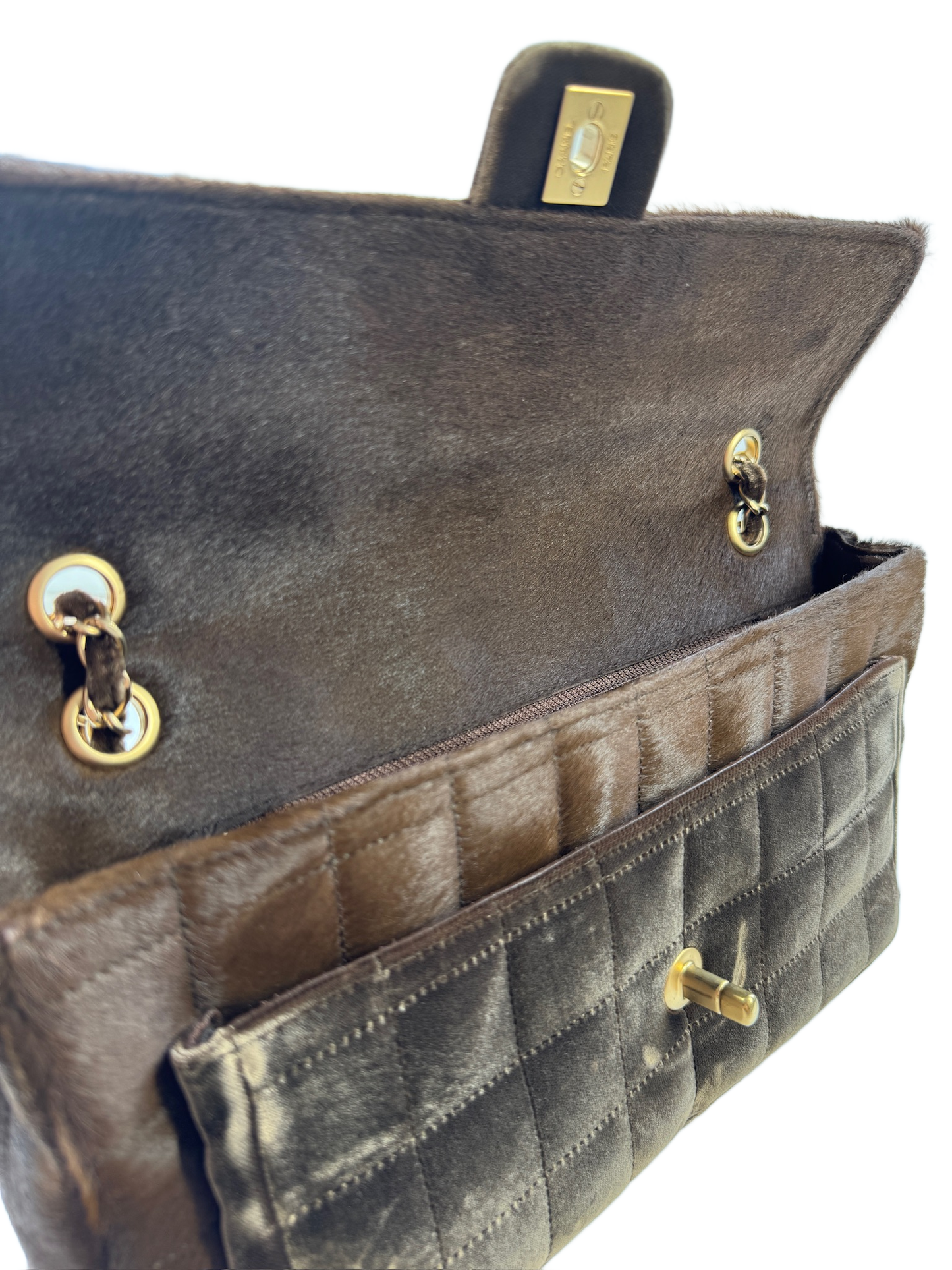Chanel Vintage 00s Brown Pony Hair & Velour Chocolate Bar East West Flap Bag w Aged Gold Hardware