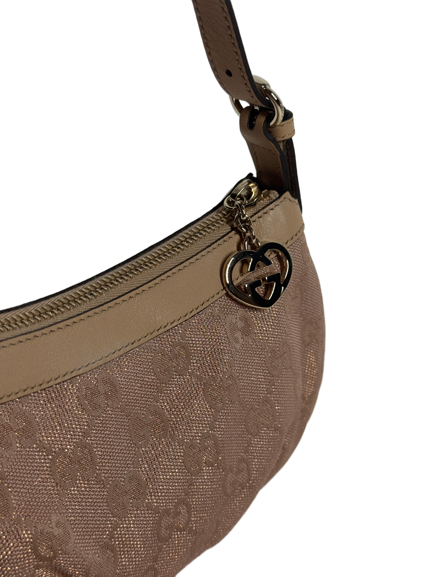 Gucci Vintage Metallic Pink GG Monogram Canvas w Ivory Leather Trim Lovely Heart Logo Mini Shoulder Pochette Bag