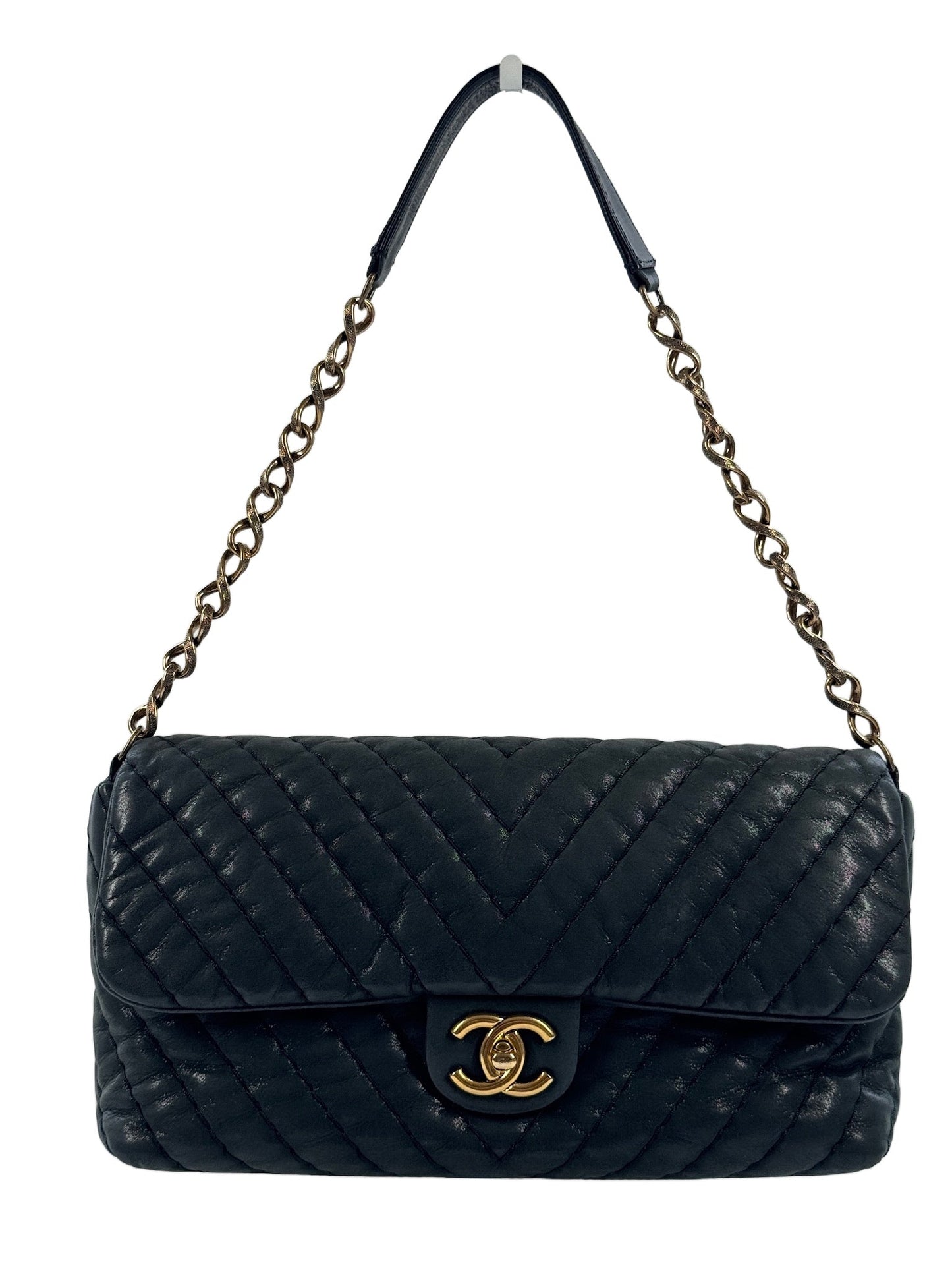 Chanel 2011 Iridescent Turquoise Crinkled Calfskin Chevron Surpique Classic Flap Bag