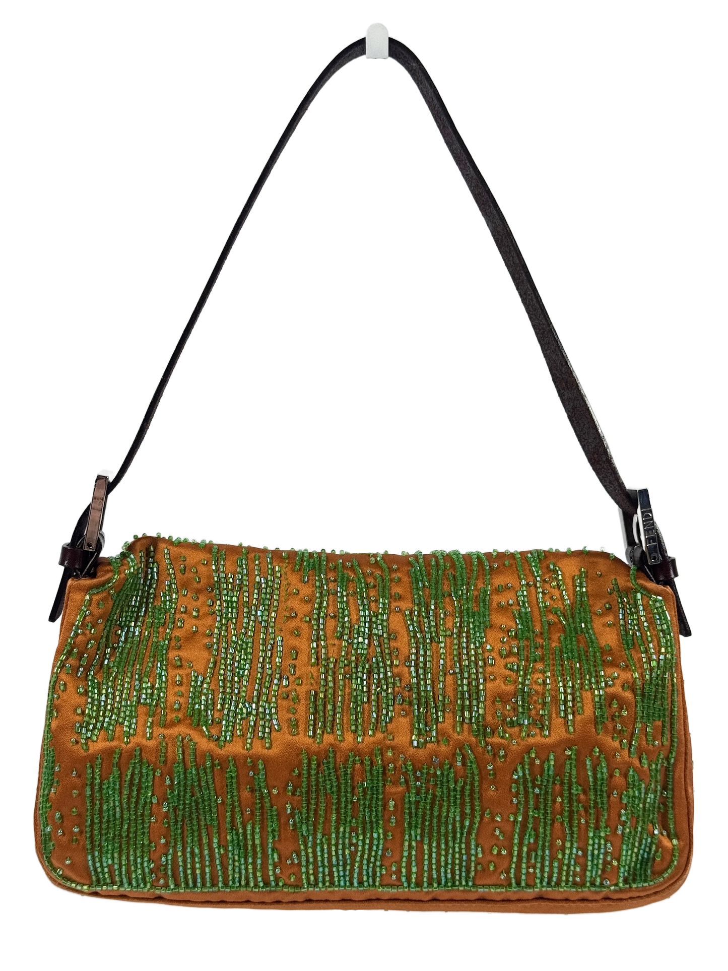 Fendi Vintage Orange Satin Green Beaded Lizard Logo Shoulder Baguette Bag