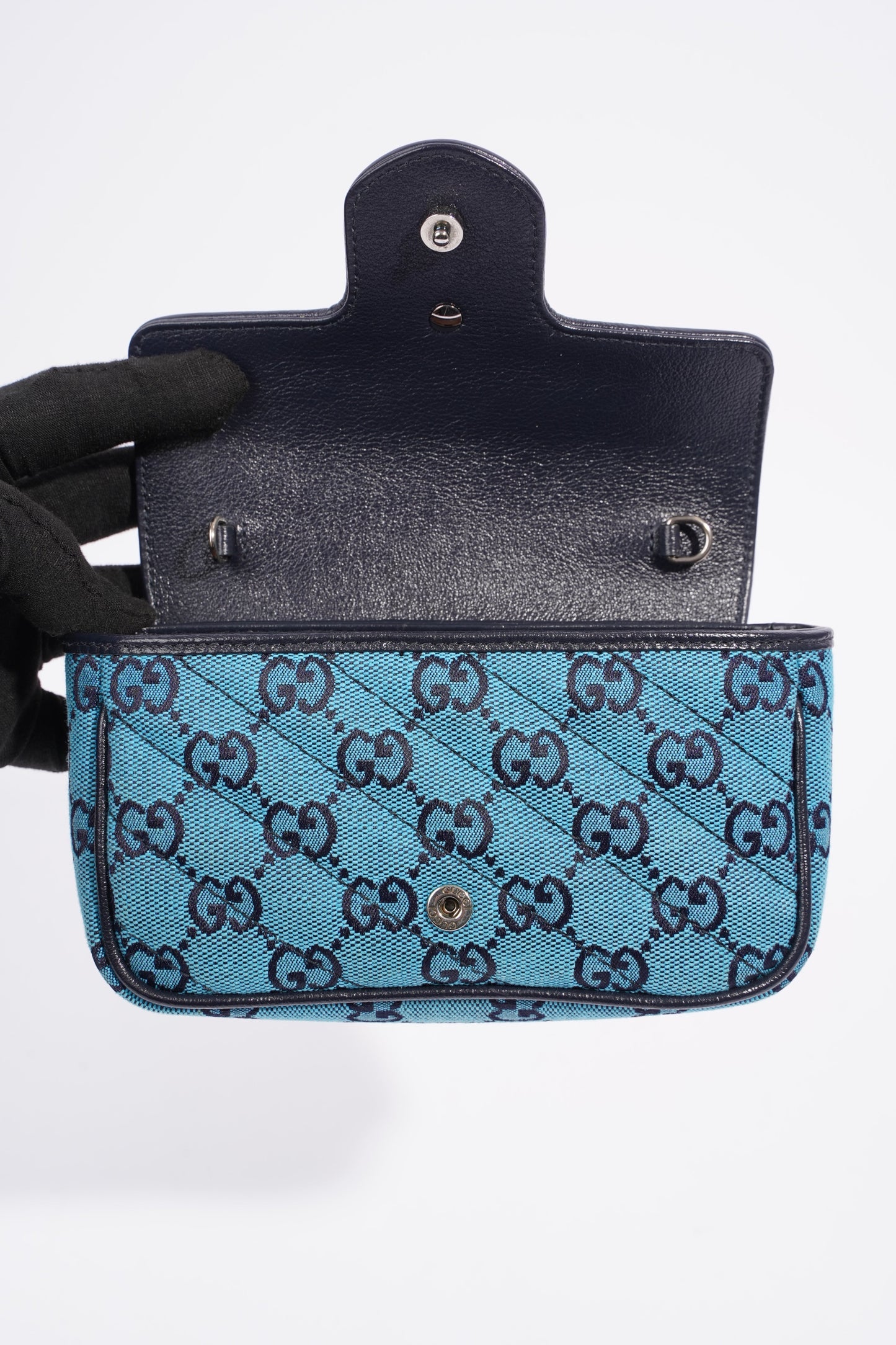 Gucci Womens GG Marmont Quilted Flap Bag Blue Canvas Super Mini
