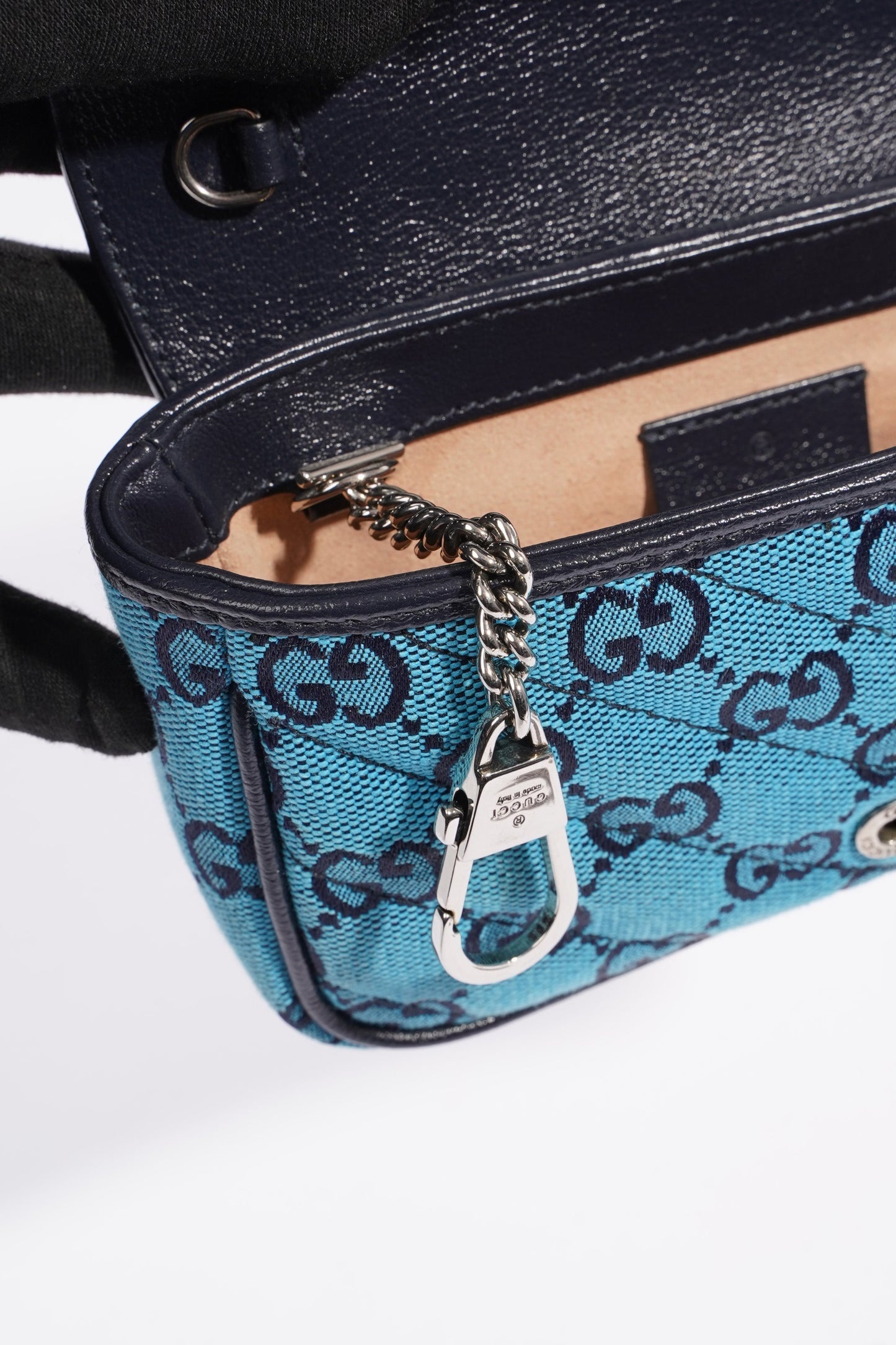 Gucci Womens GG Marmont Quilted Flap Bag Blue Canvas Super Mini