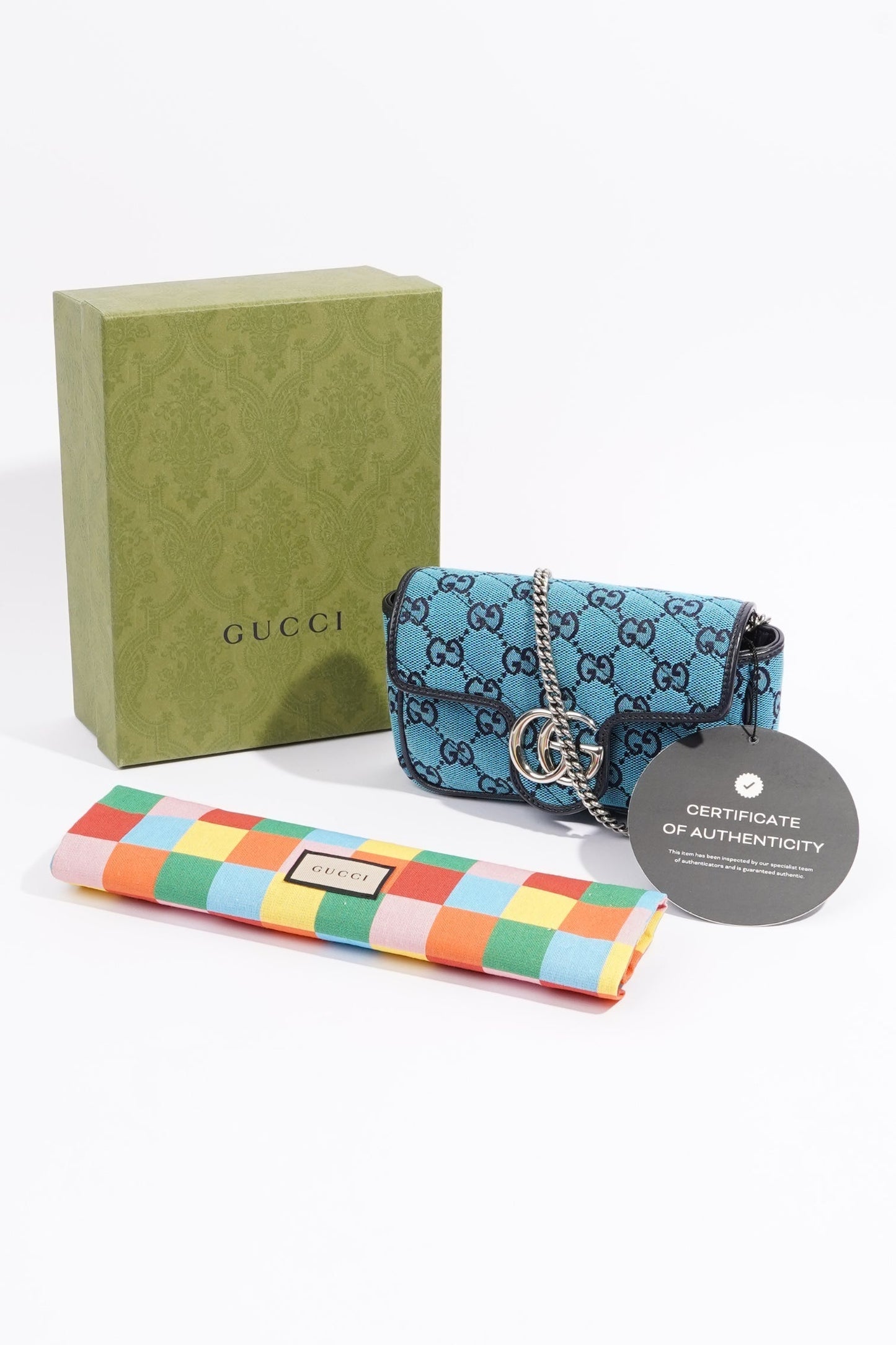 Gucci Womens GG Marmont Quilted Flap Bag Blue Canvas Super Mini