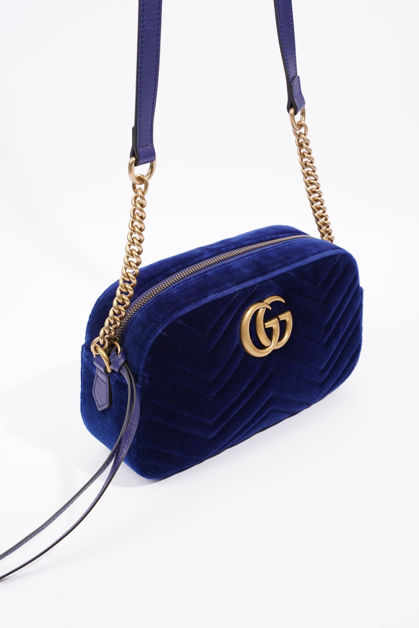 Gucci Womens Matelasse GG Marmont Bag Blue Velvet Small