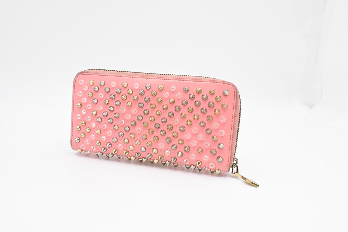 Louboutin Studded Long Zippy Wallet in Light Pink Leather