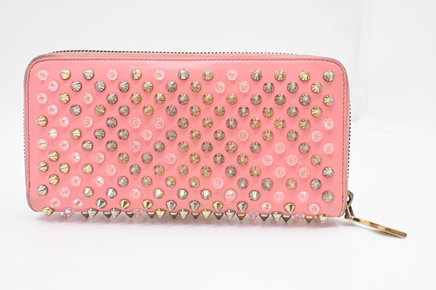 Louboutin Studded Long Zippy Wallet in Light Pink Leather