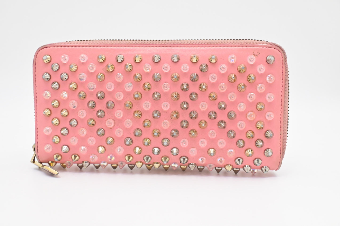 Louboutin Studded Long Zippy Wallet in Light Pink Leather