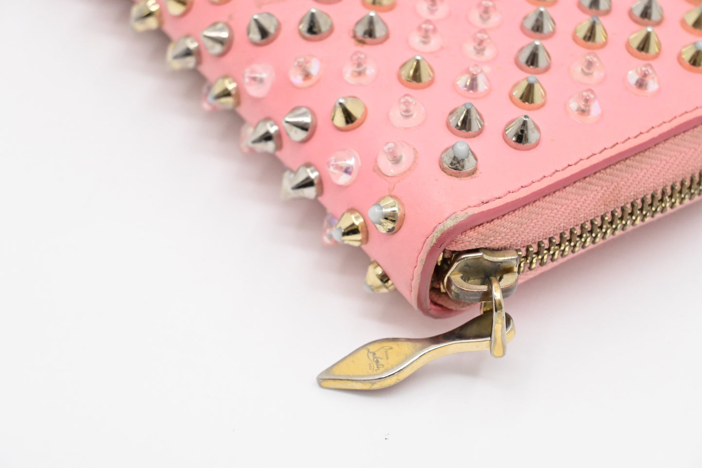 Louboutin Studded Long Zippy Wallet in Light Pink Leather