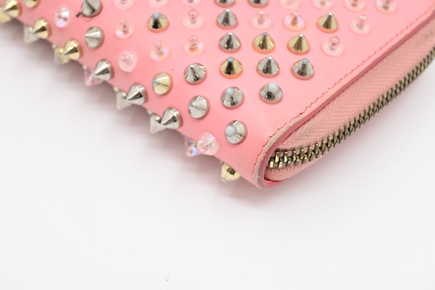 Louboutin Studded Long Zippy Wallet in Light Pink Leather