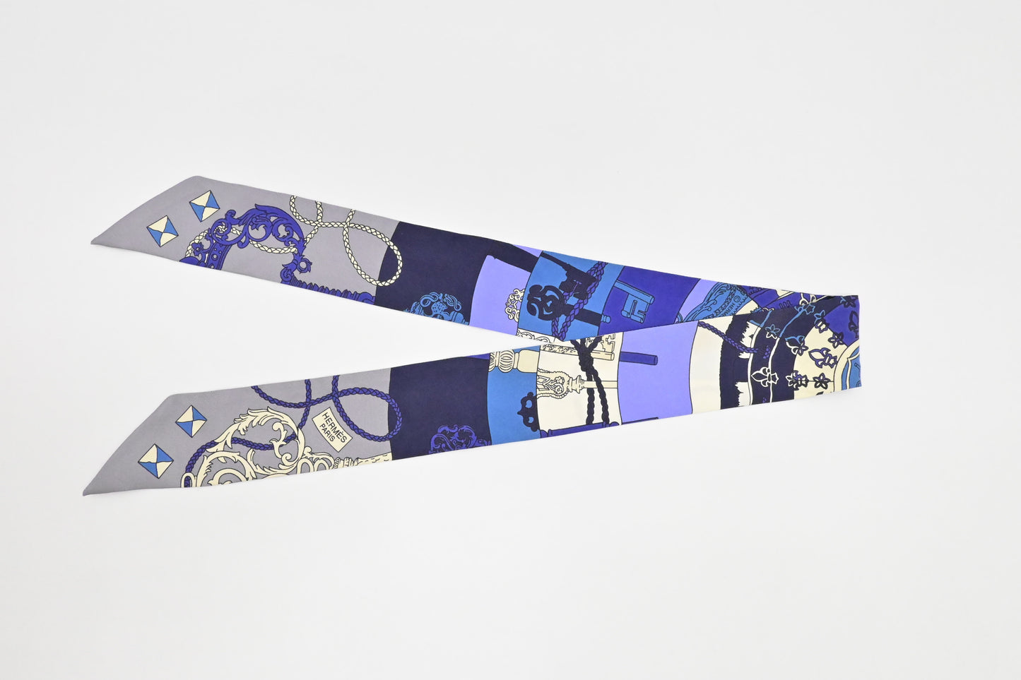 Hermes 'Tours des Cles' Twilly in Blue and Grey Silk