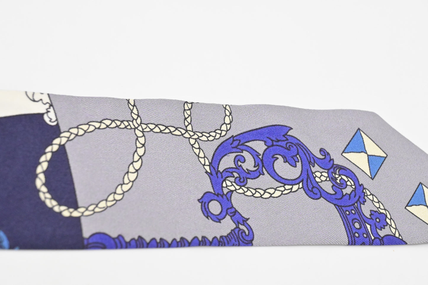 Hermes 'Tours des Cles' Twilly in Blue and Grey Silk