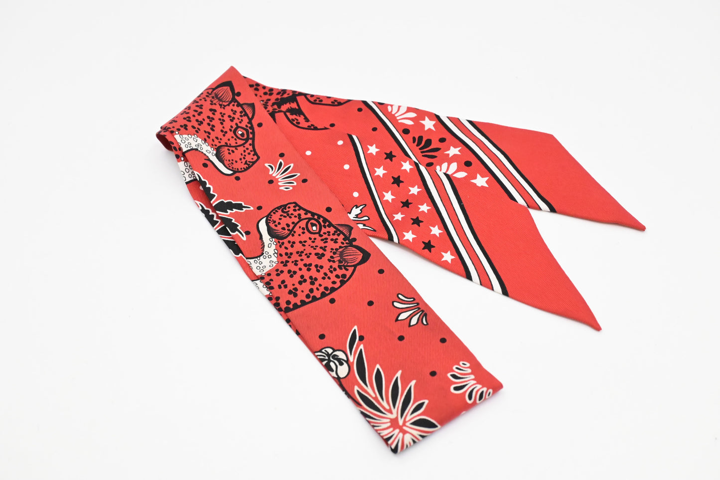 Hermes 'Les Leopards' Twilly in Red Silk