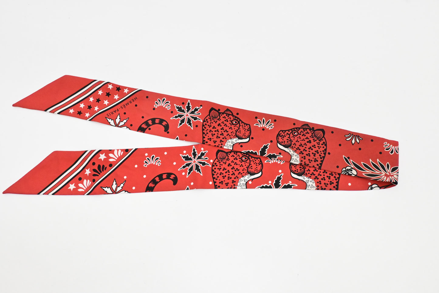 Hermes 'Les Leopards' Twilly in Red Silk
