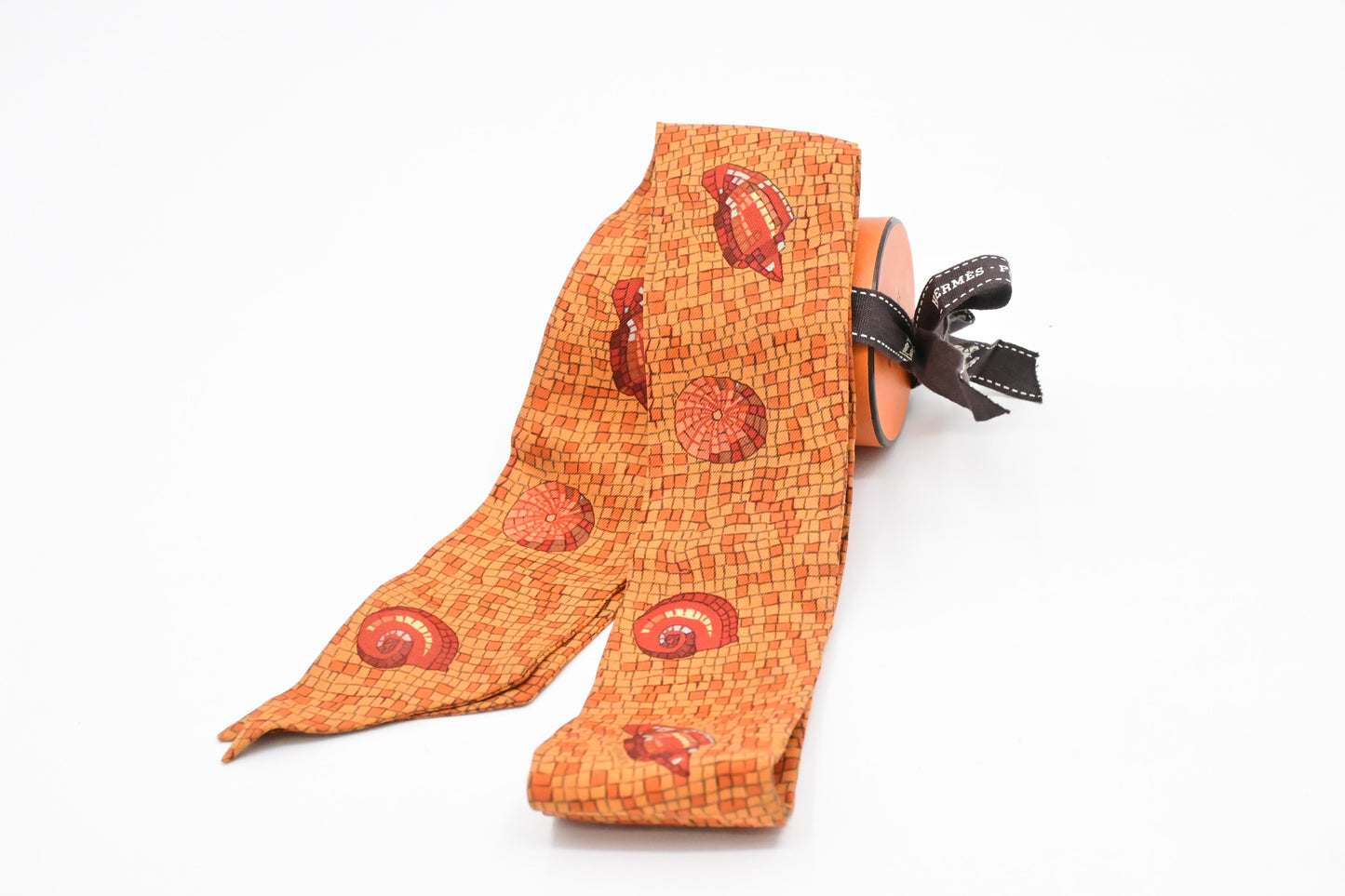 Hermes 'Mosaic Seashells' Twilly in Orange Silk