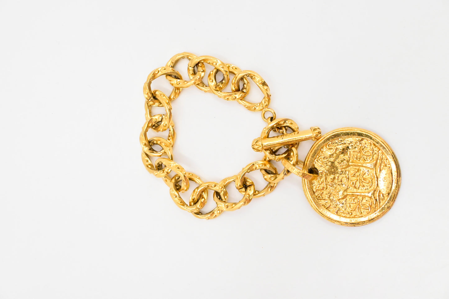Chanel Gold Logo Round Medallion Chain Link Bracelet