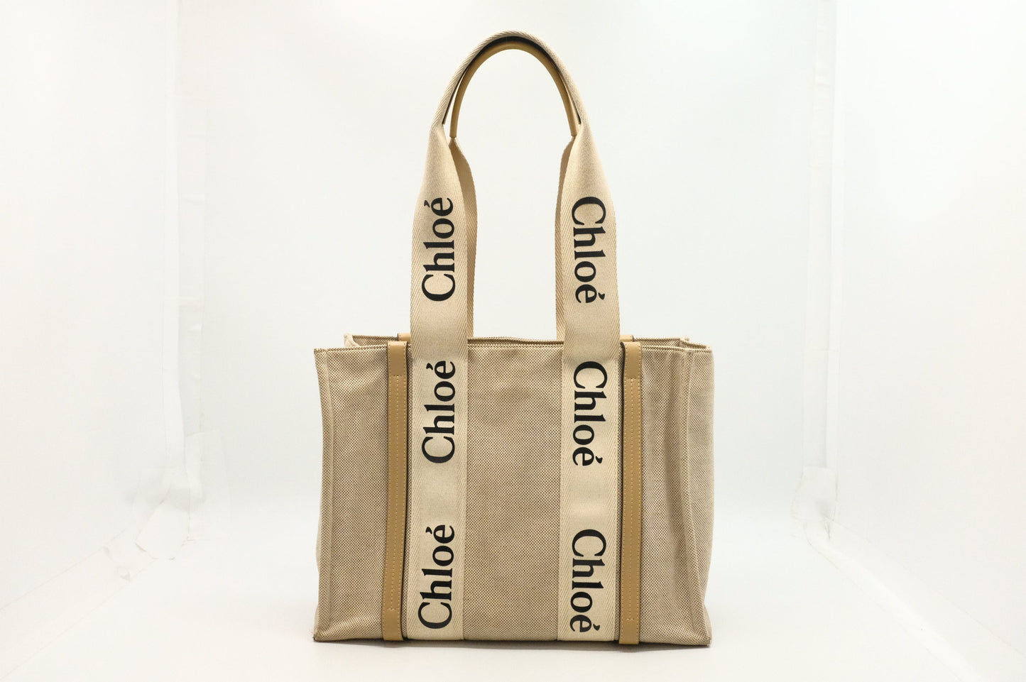 Chloe Woody Medium Tote in Beige Canvas