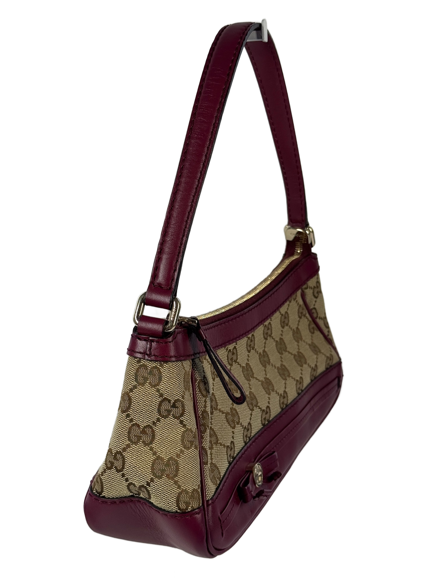 Gucci Brown GG Monogram Canvas Fuchsia Pink Leather Trim Mayfair Bow Logo Shoulder Bag