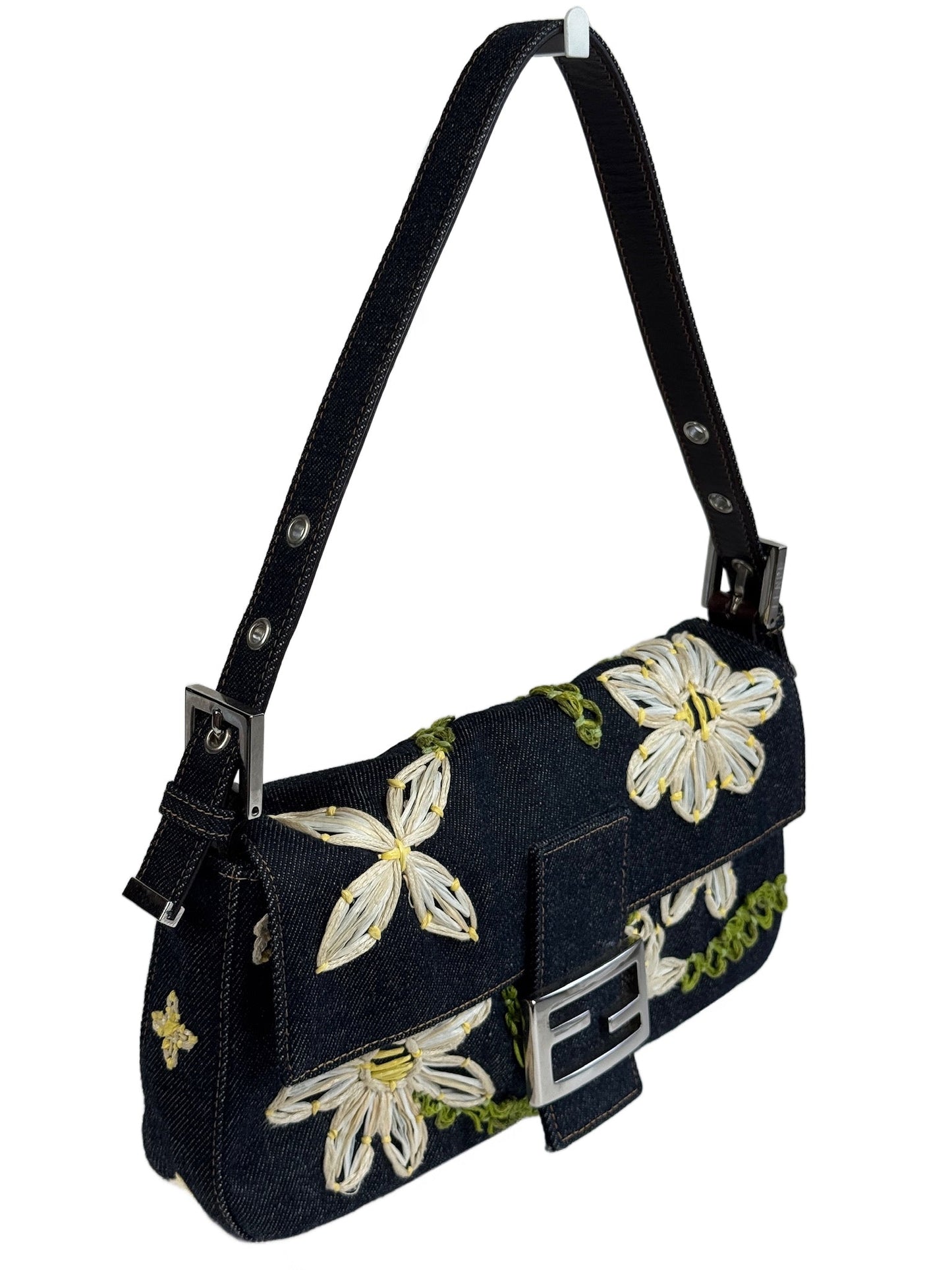 Fendi Vintage Blue Denim Floral Embroidered Baguette Shoulder Bag