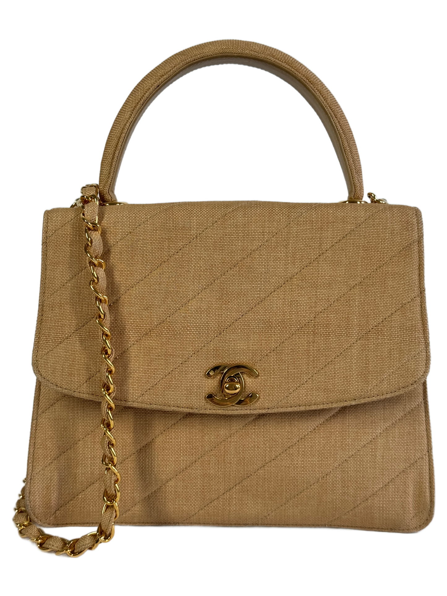 Chanel Vintage 90s Beige Linen Medium Kelly Top Handle & Shoulder Bag