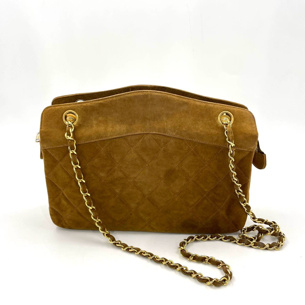 Chanel Matelasse Tan Brown Suede Gold Double Chain Coco Charm Medium Shoulder Bag