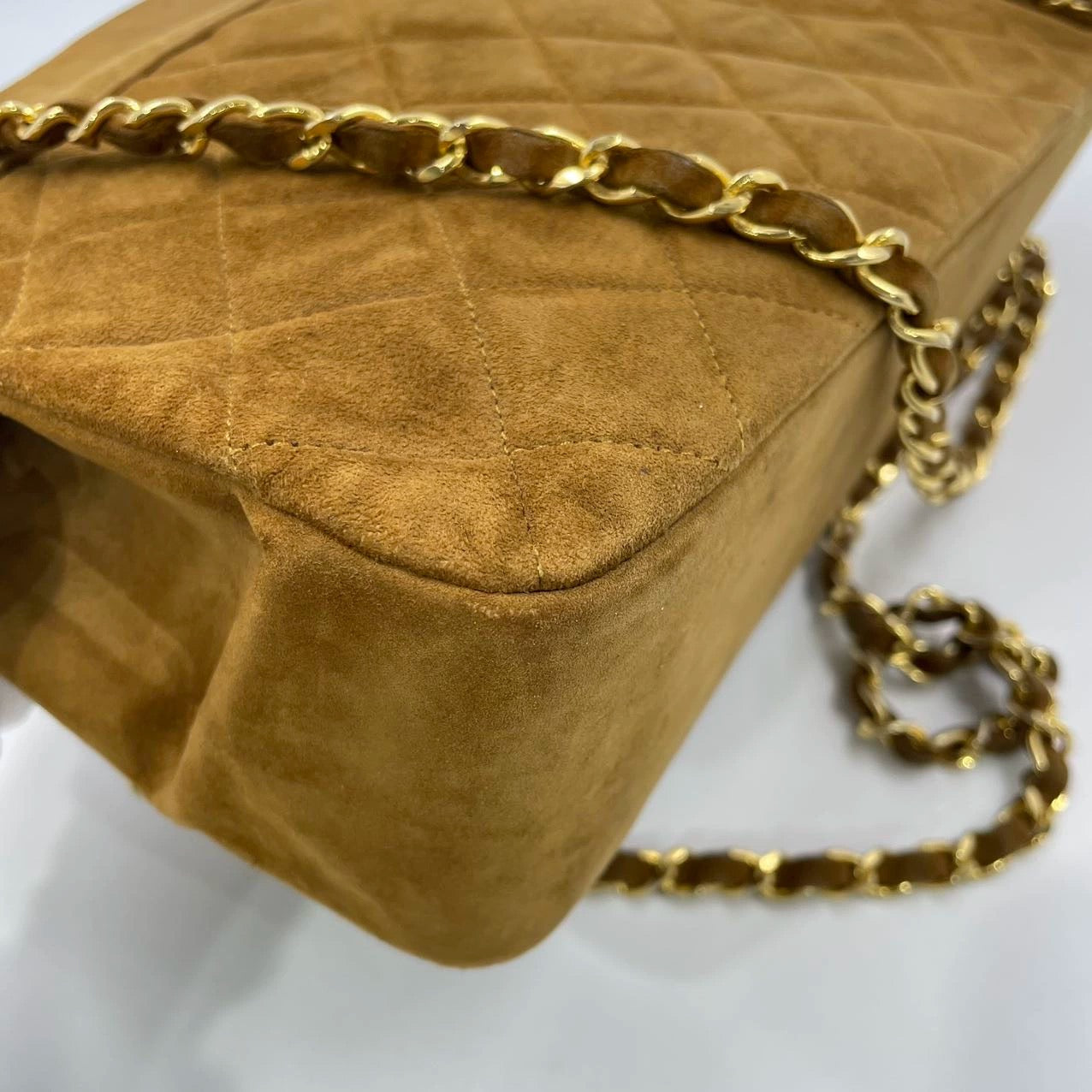 Chanel Matelasse Tan Brown Suede Gold Double Chain Coco Charm Medium Shoulder Bag