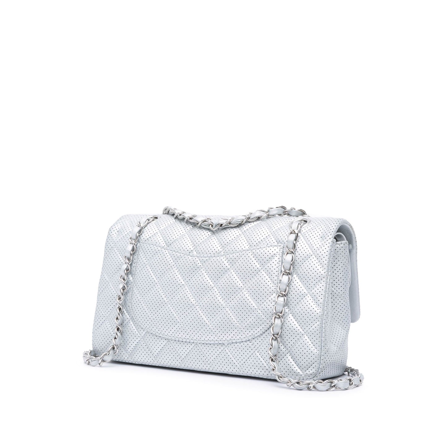 Silver Chanel Medium Classic Perforated Lambskin Double Flap Shoulder Bag