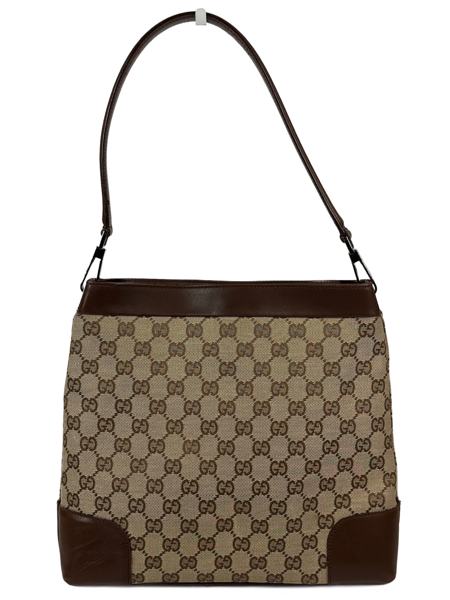 Gucci Vintage Brown GG Monogram Canvas Leather Trim Structured Hobo Shoulder Bag