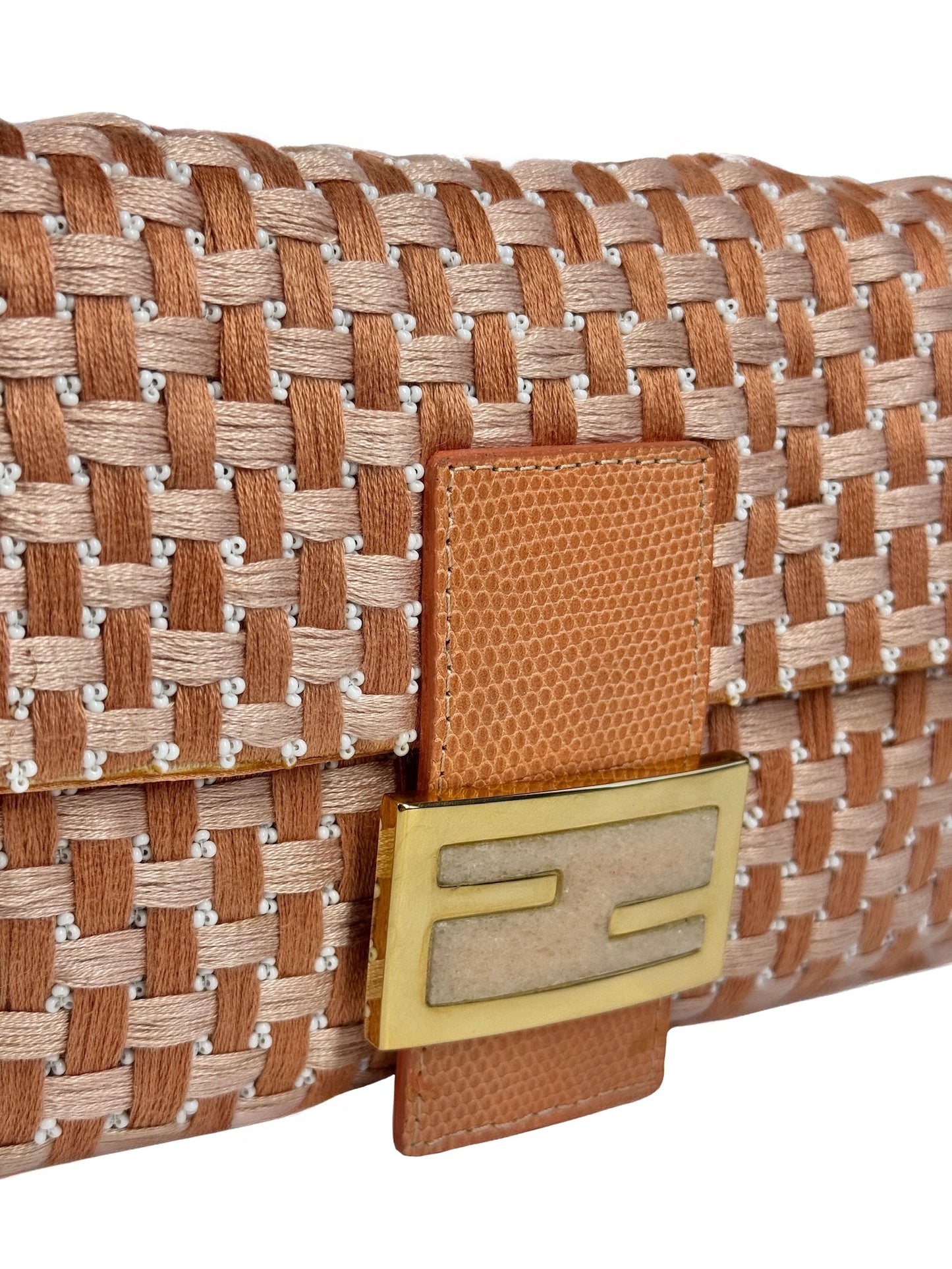 Fendi Vintage Peach Orange Woven Beaded Baguette Shoulder Bag w Quartz Logo & Crocodile Trim