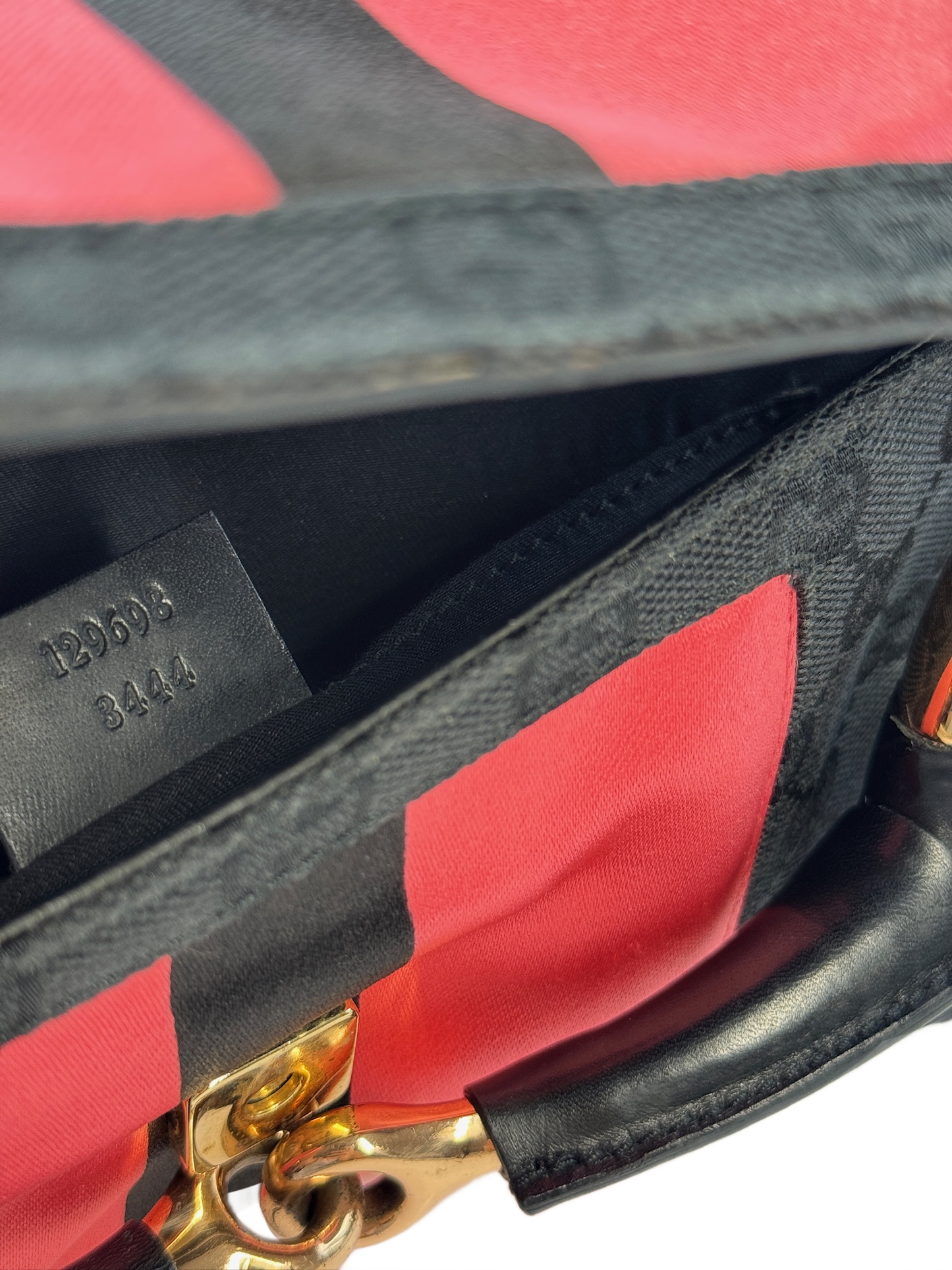 Gucci Vintage Black GG Monogram Gold Horsebit Pink Satin Striped Bamboo Chain Shoulder Clutch Bag
