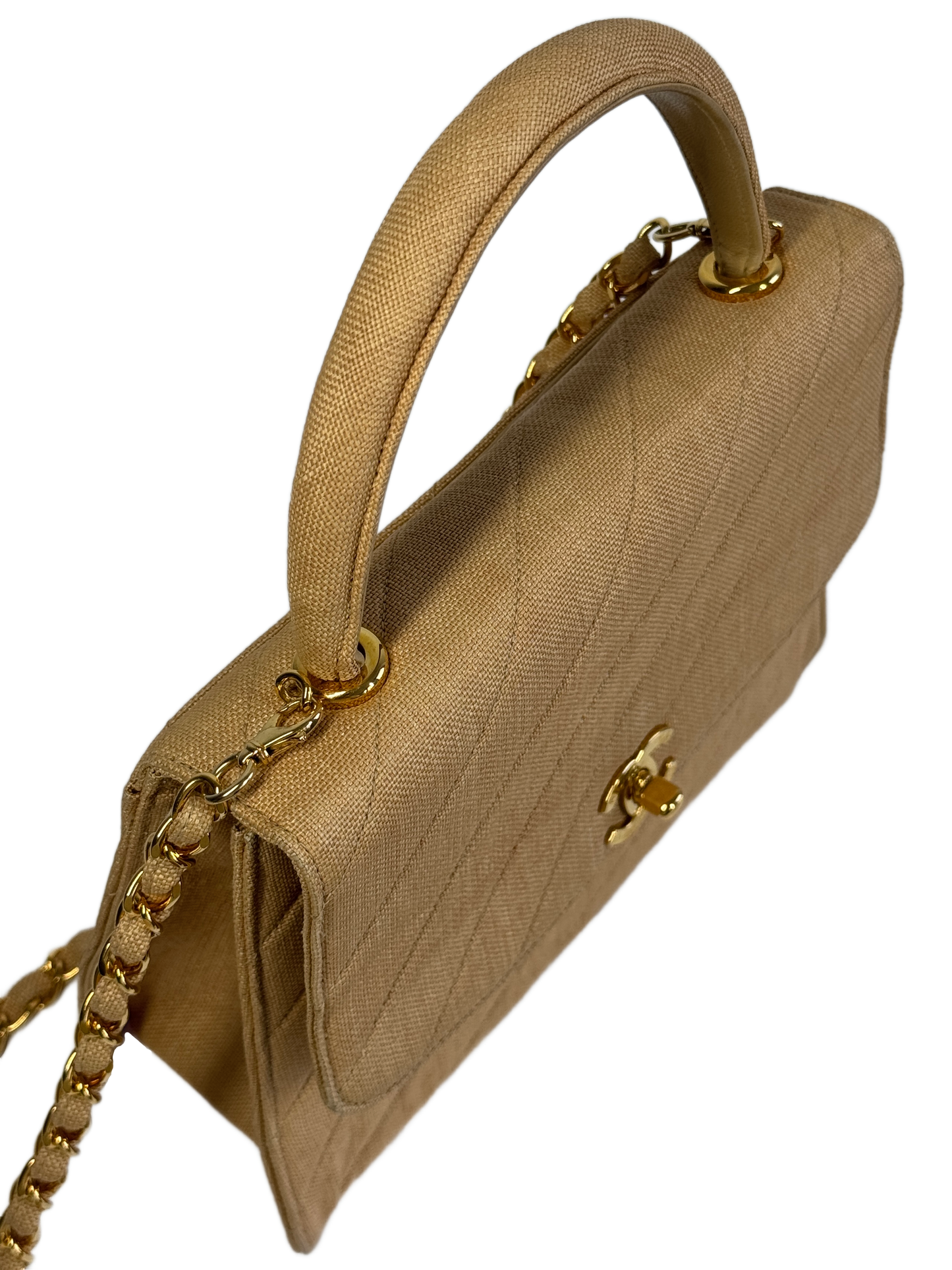 Chanel Vintage 90s Beige Linen Medium Kelly Top Handle & Shoulder Bag