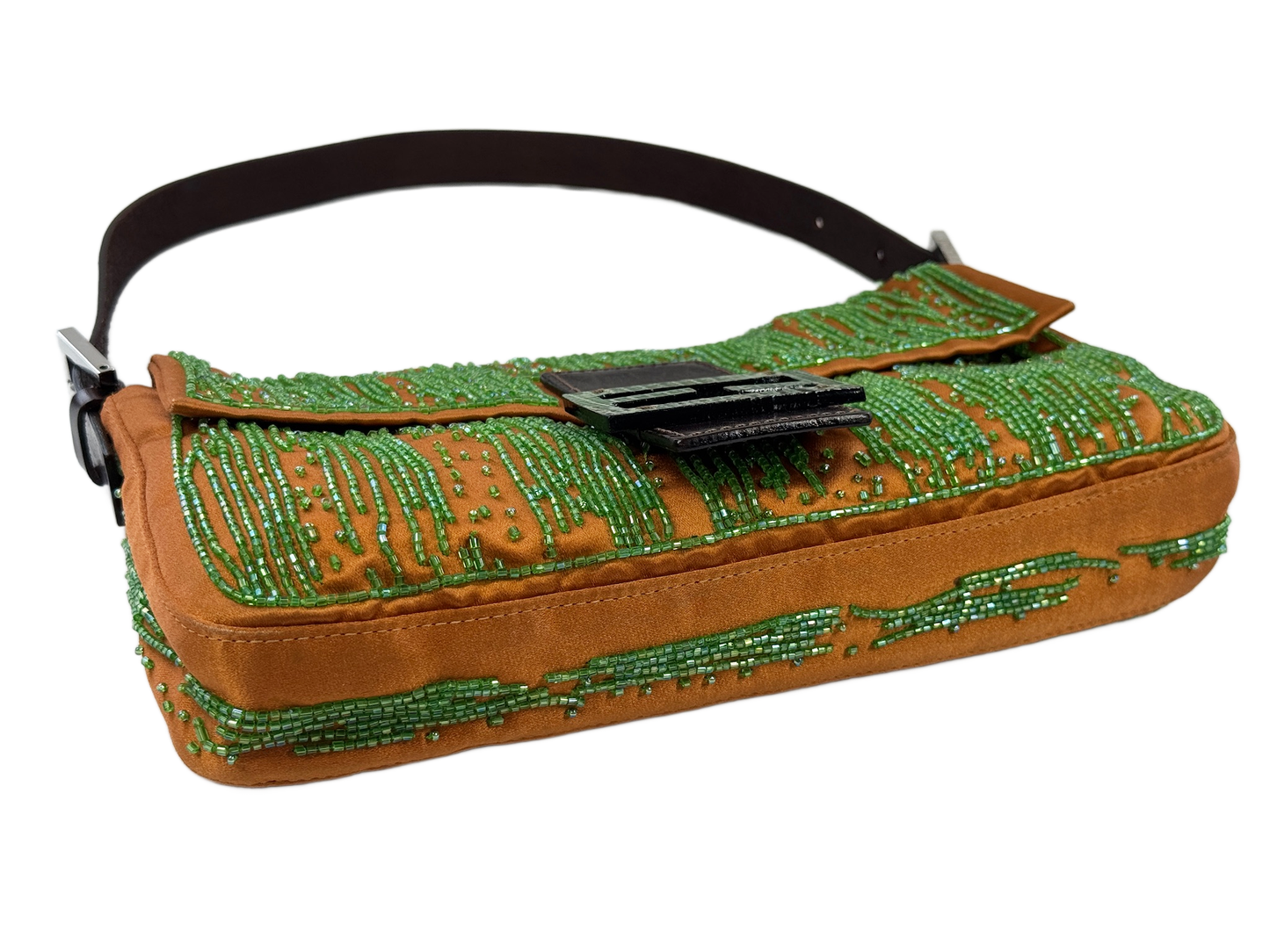 Fendi Vintage Orange Satin Green Beaded Lizard Logo Shoulder Baguette Bag