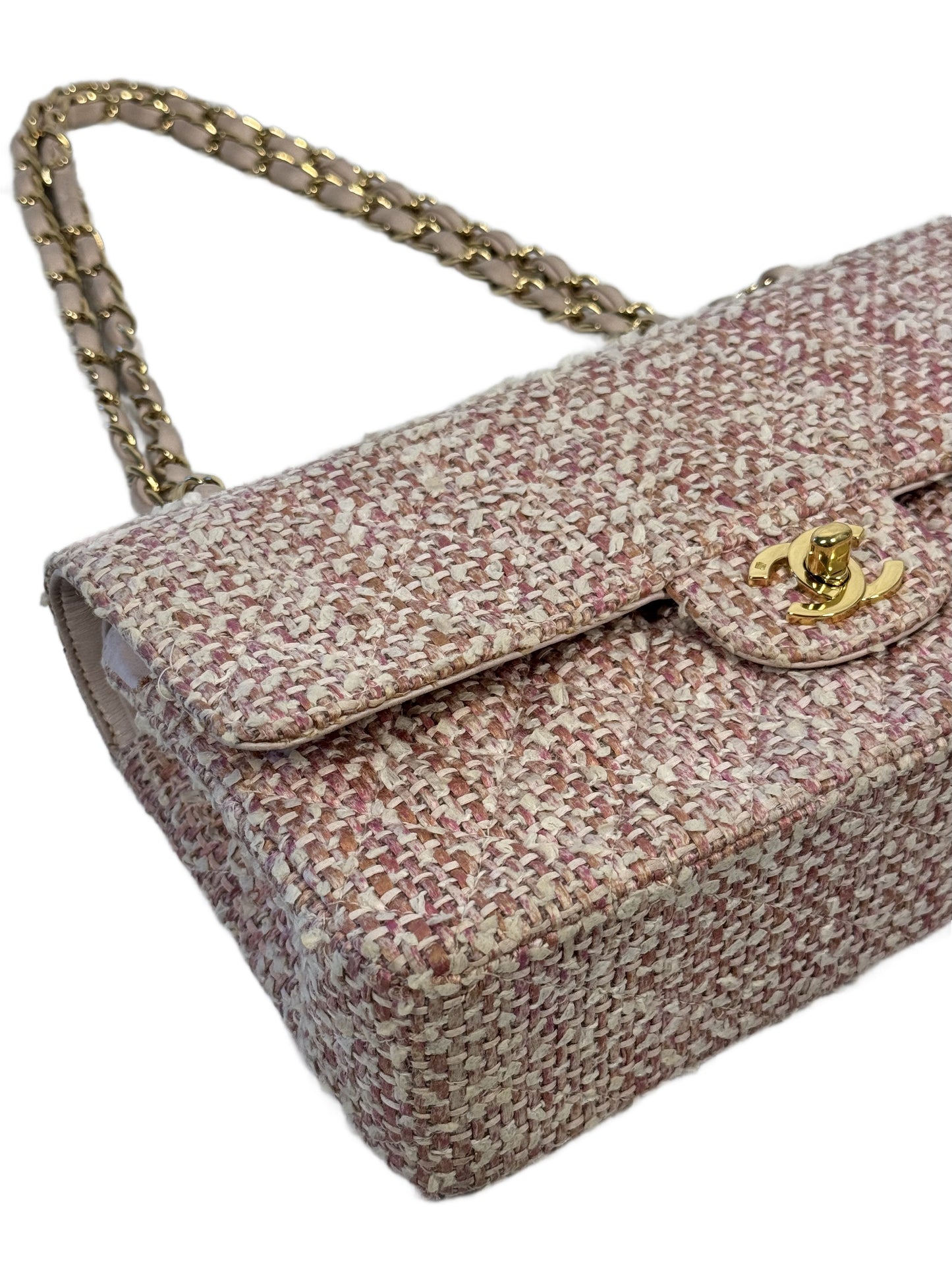 Chanel Vintage 2003 Baby Pink Tweed Medium Classic Double Flap Bag w 24K Gold Plated Hardware