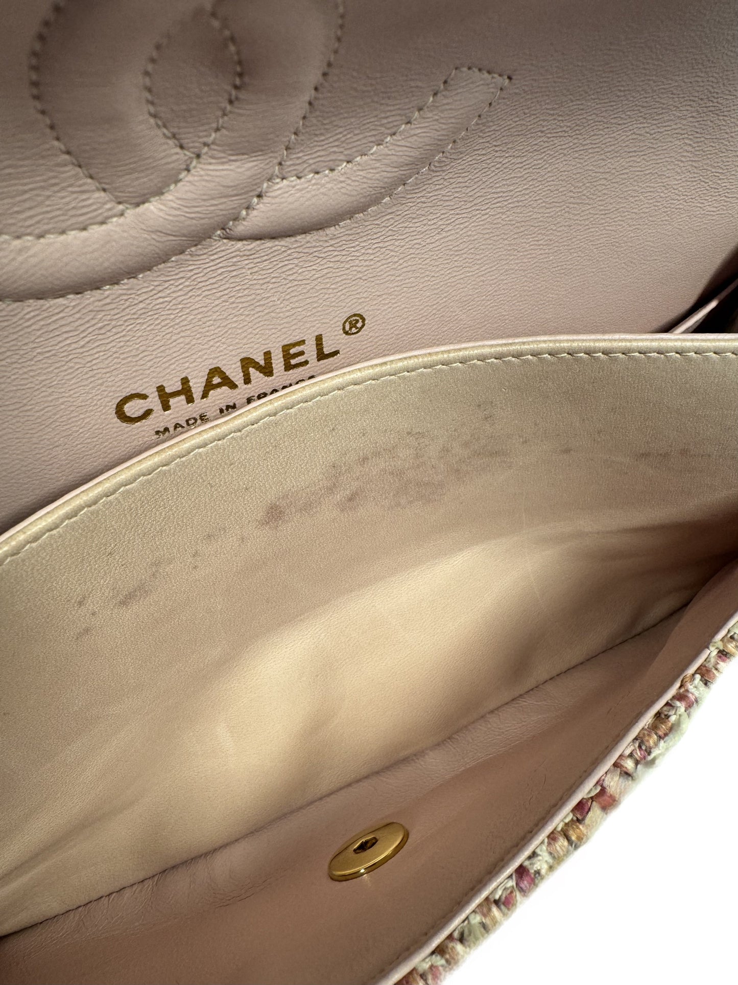 Chanel Vintage 2003 Baby Pink Tweed Medium Classic Double Flap Bag w 24K Gold Plated Hardware