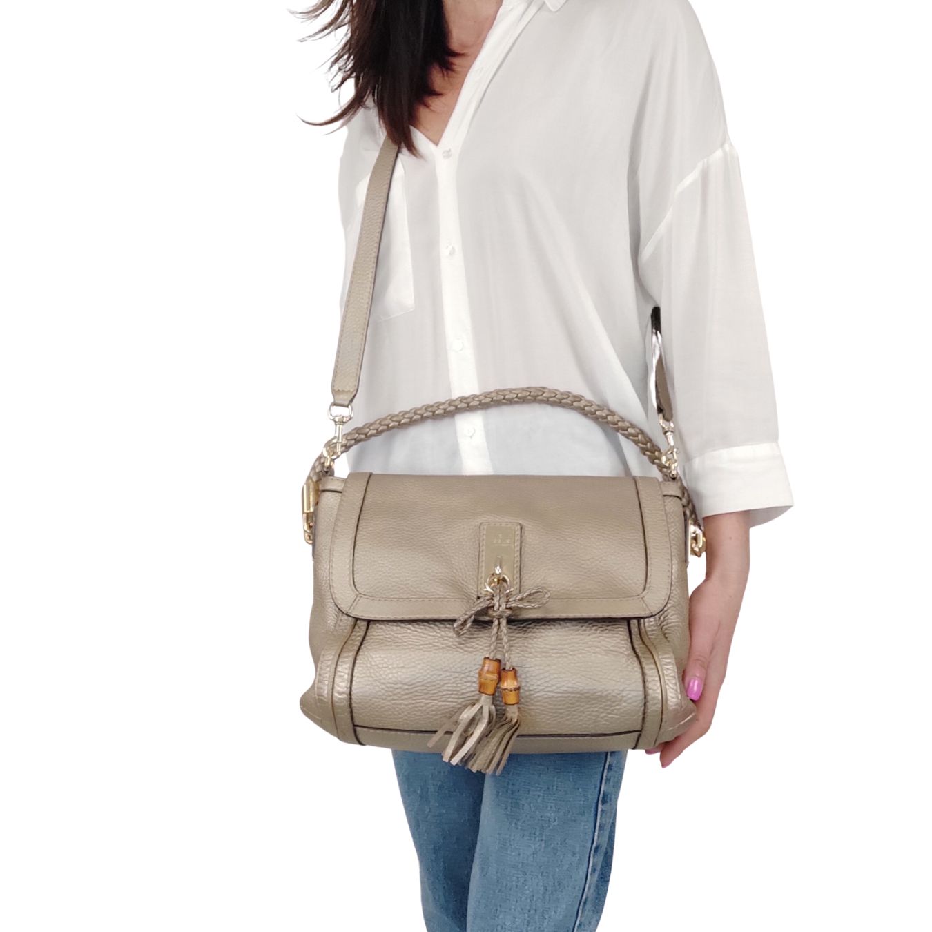 GUCCI Bamboo shoulder bag in platinum leather