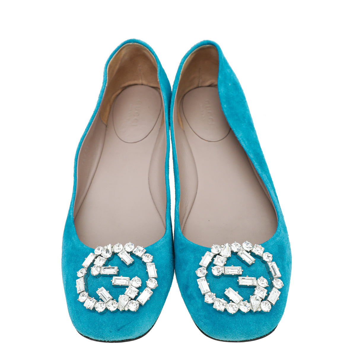 Gucci Turquoise Suede GG Crystal Ballerina 37.5