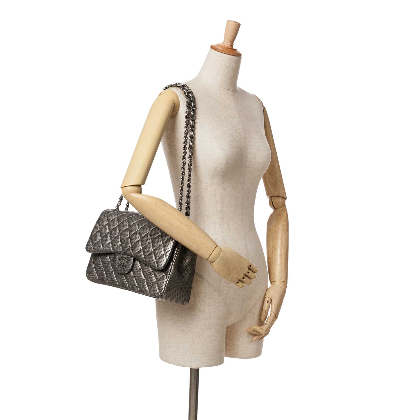 Silver Chanel Jumbo Classic Perforated Lambskin Double Flap Shoulder Bag